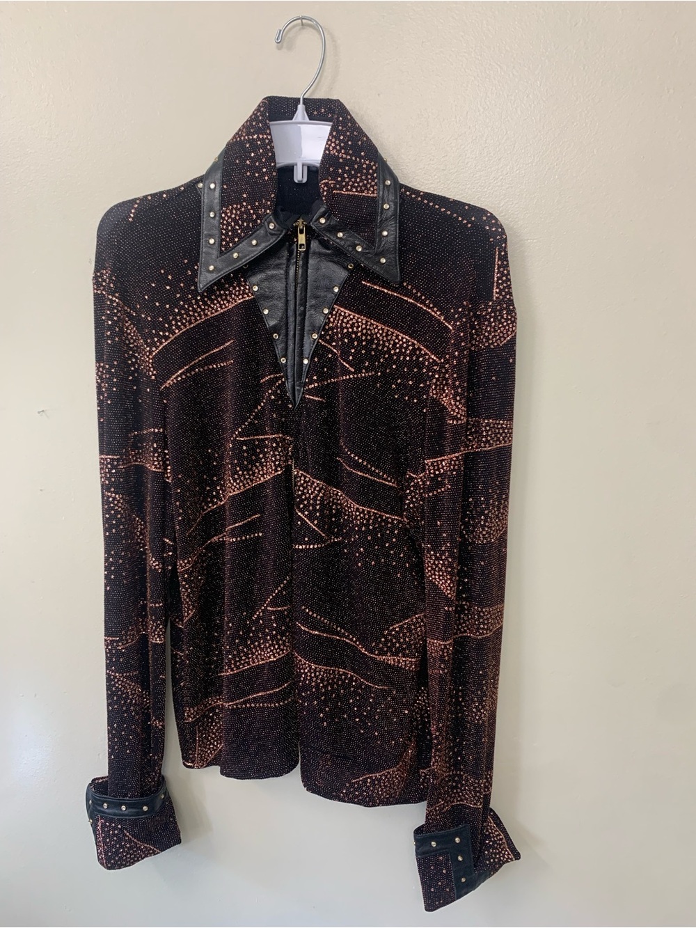 TLC Black Shirt with Copper Dot Pattern and Studded Collar